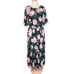 On‎ 34th Floral Maxi Dress 0X / 14-16 Black Pink Cottagecore Bloomcore Boho Tier